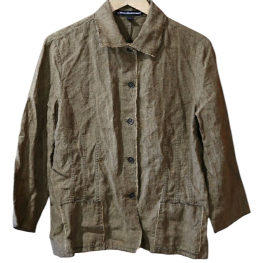 Ellen Tracy Vintage Brown Linen Button Down Boho Blouse 100% Linen 14